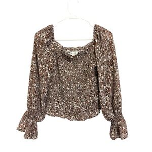 2/$30 She + Sky - Gray & Brown Animal Print Smocked Long Sleeve Blouse – Small
